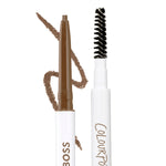 ColourPop Brow Boss Pencil in Light Brown shown uncapped with retractable tip and spoolie brush, brown brow makeup stroke curving behind on a white background for precise eyebrow shaping and filling.