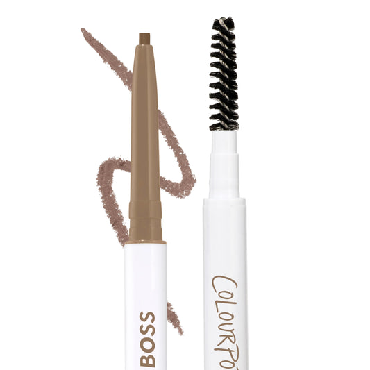 ColourPop Brow Boss Pencil in Taupe with retractable brow makeup tip and spoolie brush shown side by side against a white background, featuring a soft taupe color swatch curving behind the pencil for natural-looking eyebrow definition.