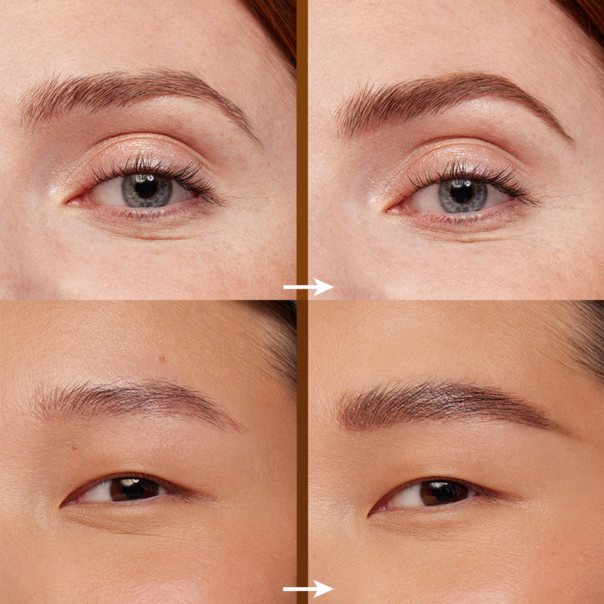 Defined brows filled with ColourPop Bangin' Brunette Pencil - before-and-after close-ups show two models’ sparse arches transformed into fuller, cool-brown shape and tail in a split grid, demonstrating precise brow pencil payoff and natural finish.