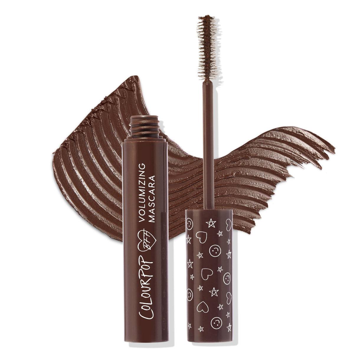 ColourPop BFF Mascara Brownie Points wand lifts from the open tube, bristles coated in deep chocolate-brown, against a sweeping brown swatch; glossy brown tube with white doodle cap and Volumizing Mascara branding.