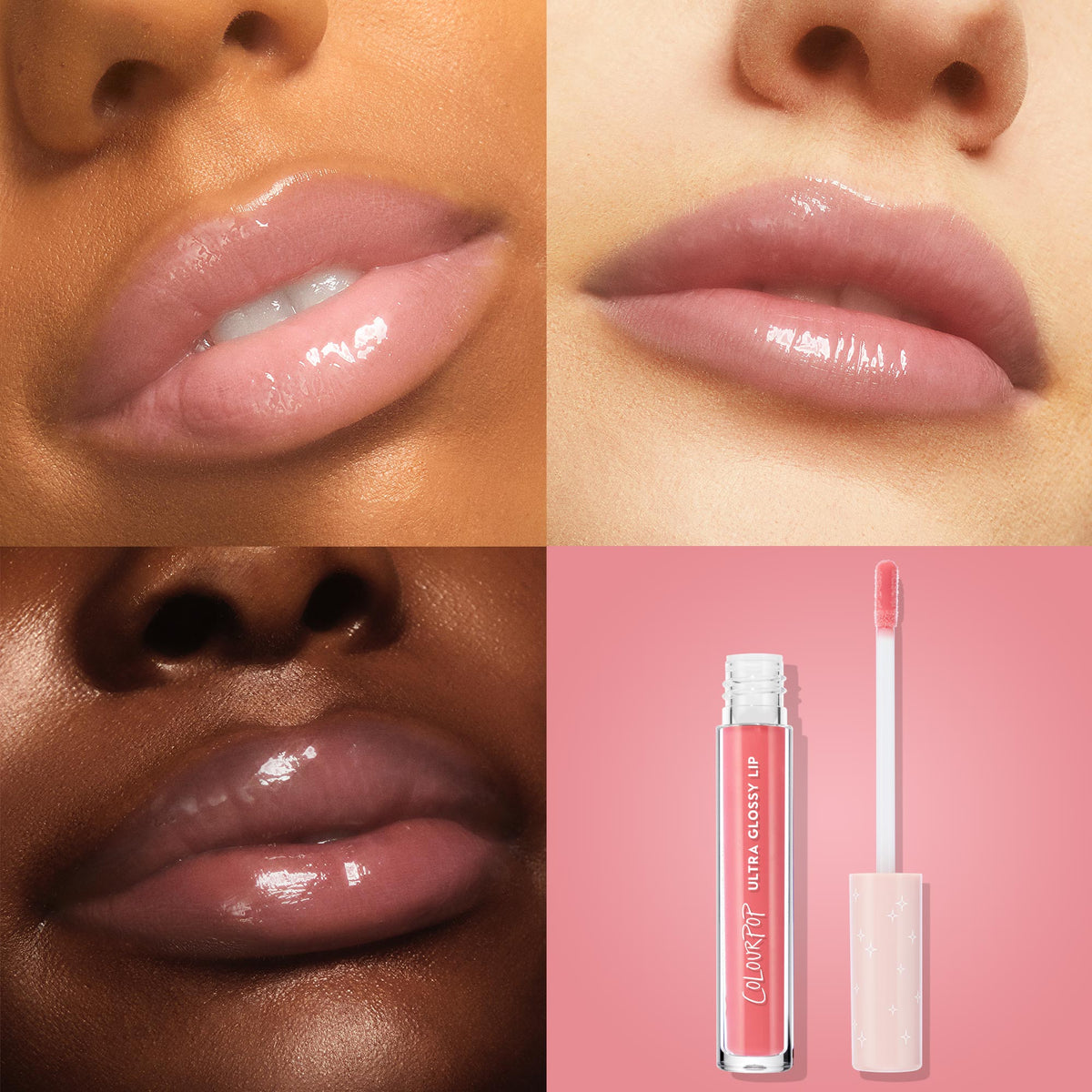 Bubblegum ColourPop Ultra Glossy Lip coats lips with a sheer pink, high-shine finish; grid shows three lip close-ups on different skin tones and the gloss tube with doe-foot applicator on a pink background.