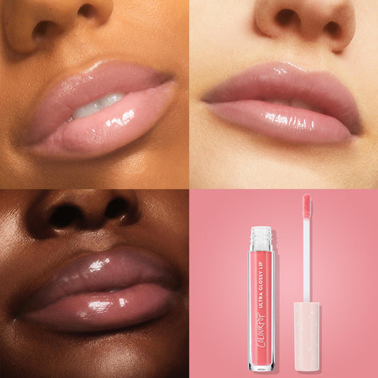 Bubblegum ColourPop Ultra Glossy Lip coats lips with a sheer pink, high-shine finish; grid shows three lip close-ups on different skin tones and the gloss tube with doe-foot applicator on a pink background.