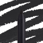 ColourPop Lippie Pencil Bull Chic defining lips in deep matte black, shown in macro with a sharpened tip against bold black swatch streaks on a white backdrop for precise lip lining.