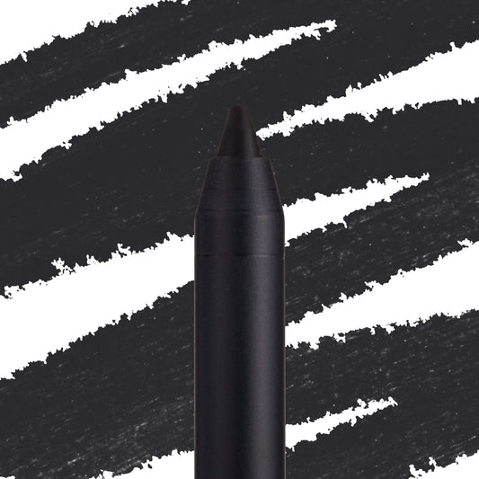 ColourPop Lippie Pencil Bull Chic defining lips in deep matte black, shown in macro with a sharpened tip against bold black swatch streaks on a white backdrop for precise lip lining.