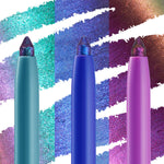 Chrome Dreams ColourPop Chrome Crème Gel Liner trio standing upright; teal, cobalt, and pink barrels with multichrome tips, set before bold swatches shifting from teal to lilac, blue to violet, and magenta to gold in a studio close-up.