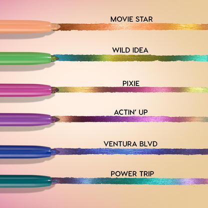 Movie Star Chrome Crème Gel Liner draws a molten copper-to-gold duochrome swatch from a peach pen, displayed atop a lineup of multichrome ColourPop gel liner shades with labeled strokes on a cream background.