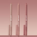 Trio of ColourPop Lippie Pencil Cool Besties standing upright, tips exposed, in light nude, pink nude, and rosy mauve tones with matching caps, arranged on a blush gradient background for a clean product shot.
