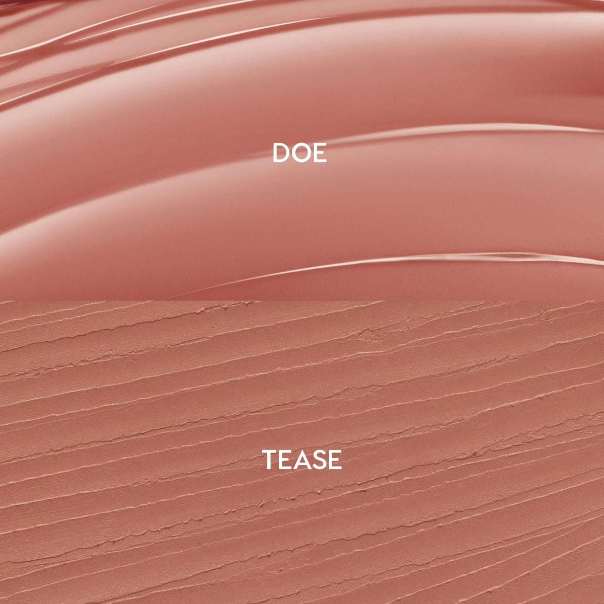 Swatches show ColourPop So Juicy Plumping Lip Liner & Balm Set, Go-To Lip: glossy balm in warm rosy nude labeled DOE on top and matte liner in matching nude labeled TEASE below, displayed in a split texture layout.