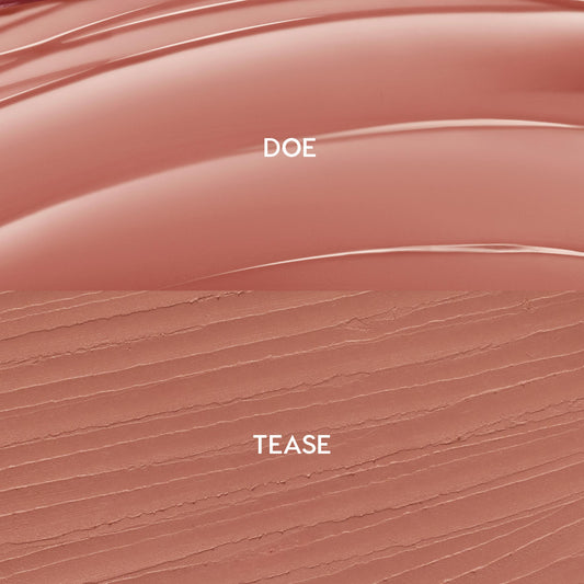 Swatches show ColourPop So Juicy Plumping Lip Liner & Balm Set, Go-To Lip: glossy balm in warm rosy nude labeled DOE on top and matte liner in matching nude labeled TEASE below, displayed in a split texture layout.