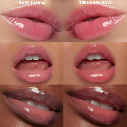 Glossy lips showcase the It’s Giving Juicy, ColourPop So Juicy Lip Oil Set, swatched across multiple skin tones; shades Baby Panda and Trending Now deliver high-shine pink tint in a 2x3 grid of close-up lip shots.