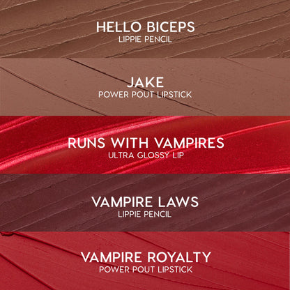 Five swatches display the ColourPop Pack Member lip set: Hello Biceps pencil (warm taupe), Jake Power Pout lipstick (soft cocoa), Runs With Vampires gloss (shimmery red), Vampire Laws pencil (deep burgundy), Vampire Royalty Power Pout lipstick (true red).