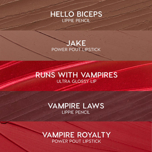 Five swatches display the ColourPop Pack Member lip set: Hello Biceps pencil (warm taupe), Jake Power Pout lipstick (soft cocoa), Runs With Vampires gloss (shimmery red), Vampire Laws pencil (deep burgundy), Vampire Royalty Power Pout lipstick (true red).