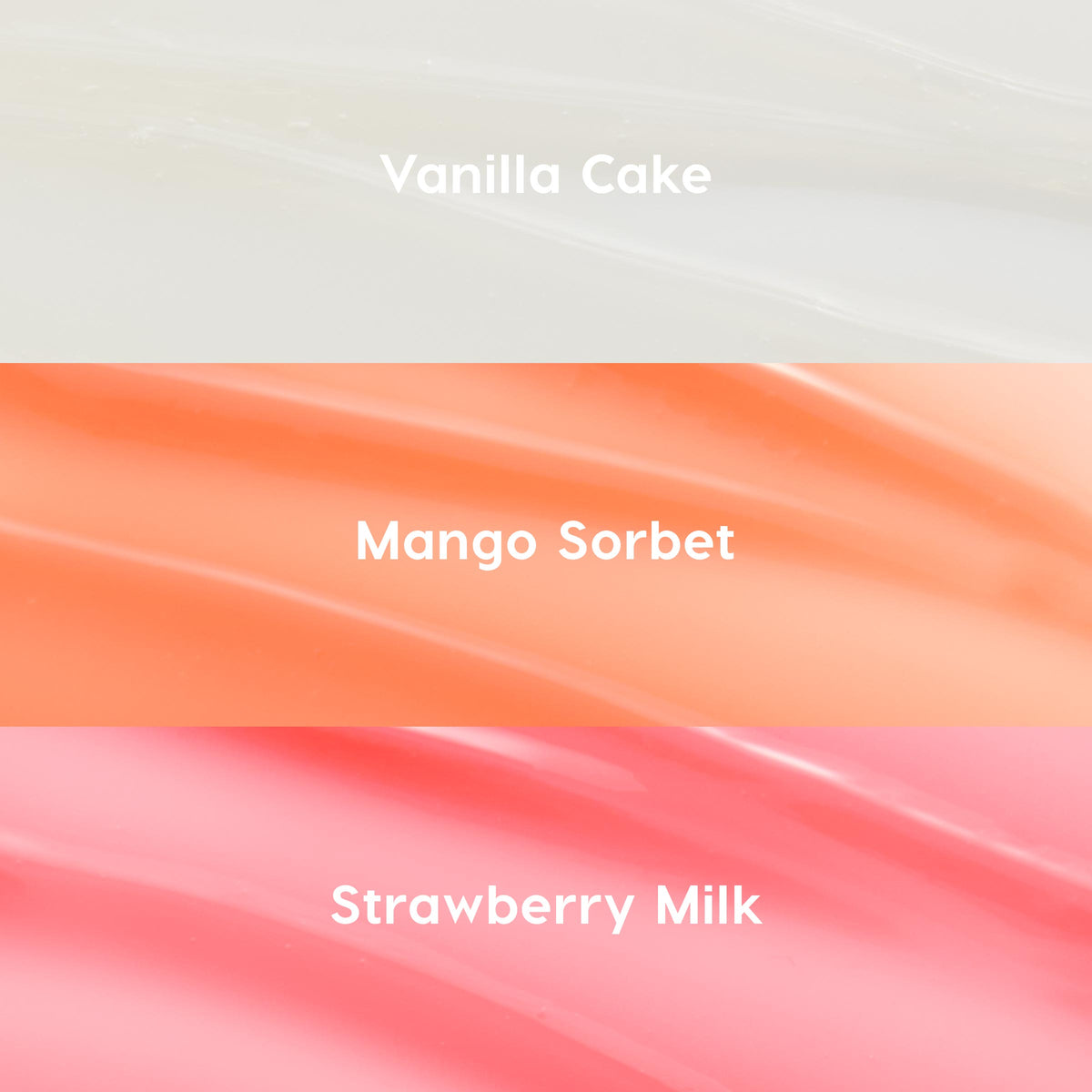 Three glossy pastel swatches showcase the ColourPop Glossy Lip Balm Trio, Pretty in Pastels - Vanilla Cake (sheer milky white), Mango Sorbet (soft peach), and Strawberry Milk (rosy pink) - arranged in horizontal bands on a clean backdrop.