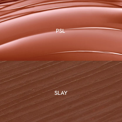 Swatches show a glossy terracotta balm labeled PSL over a matte deep cocoa liner labeled SLAY, demonstrating shade and texture of the Smooches ColourPop So Juicy Plumping Lip Liner & Balm Set, with smooth curved balm streaks and fine liner strokes.