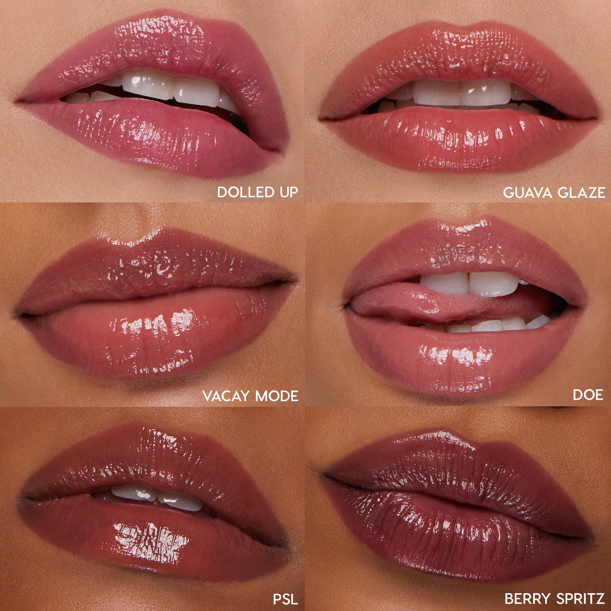 Six close-up lips wear ColourPop So Juicy Plumping Gloss Balm with Peptides, So Balm, showing high-shine plumping shades - Dolled Up, Guava Glaze, Vacay Mode, Doe, PSL, and Berry Spritz - ranging from rosy pink to deep berry in a studio grid.