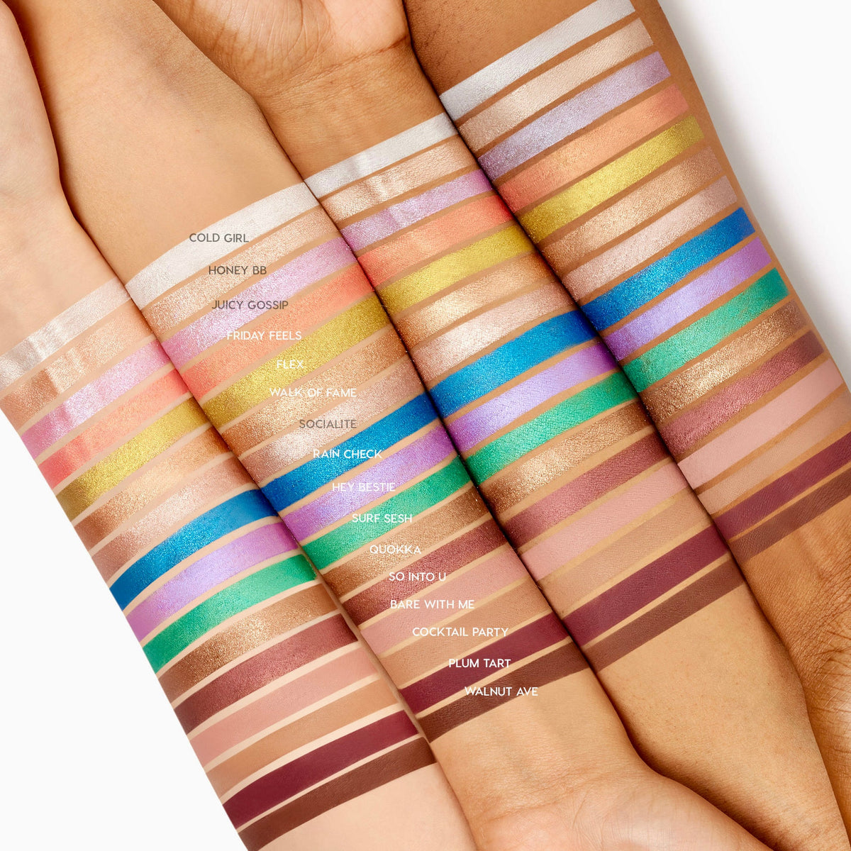 ColourPop Shadow Stix So Into U swatched as a slim stripe on four skin tones, a muted rosy‑mauve shade shown among rows of labeled colors, highlighting the creamy eyeshadow stick’s pigment and blend across light to deep arms.