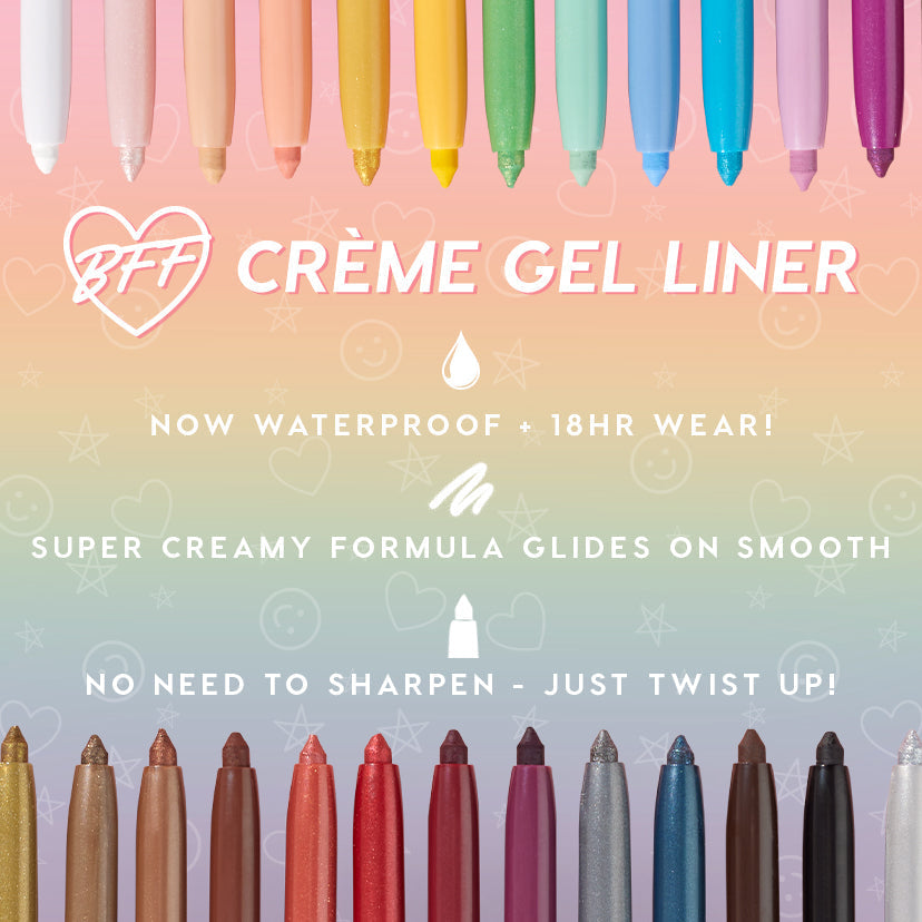 ColourPop Crème Gel Liner, Out of the Blue, showcased among a rainbow lineup, highlighting waterproof 18‑hour wear, super‑creamy glide, and twist‑up design; pastel gradient background with playful stars and smiley icons.