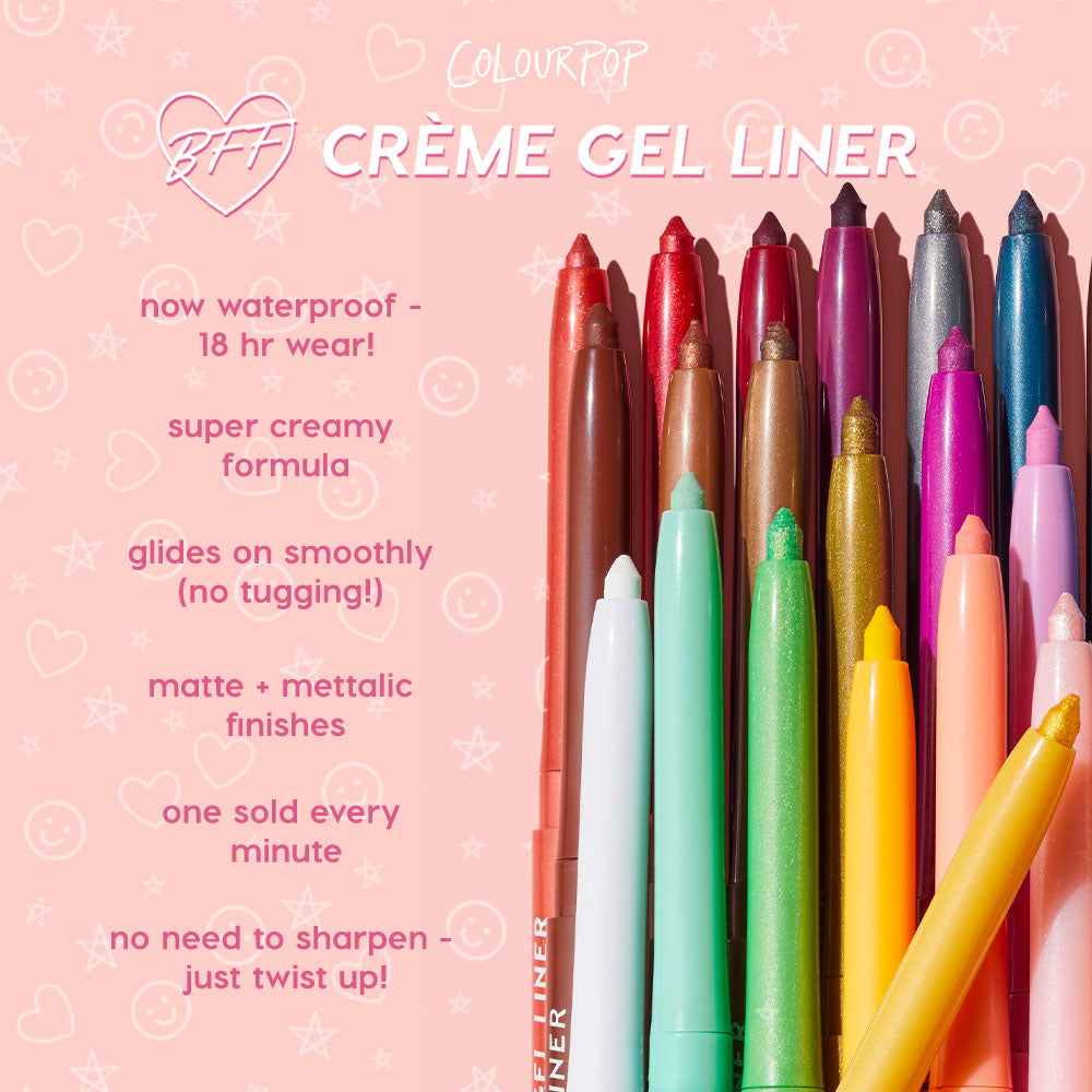 ColourPop Peach Fuzz Crème Gel Liner showcases its twist-up tip alongside a rainbow lineup, highlighting waterproof 18-hour wear, creamy glide, and matte and metallic finishes against a pink, icon-patterned backdrop.