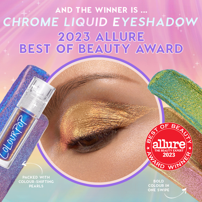 Bliss ColourPop Chrome Liquid Shadow sweeping a molten gold-to-pink, color-shifting finish across a closed eyelid, shown with the ColourPop tube and multichrome swatches on a holographic backdrop featuring a 2023 Allure Best of Beauty Award badge.