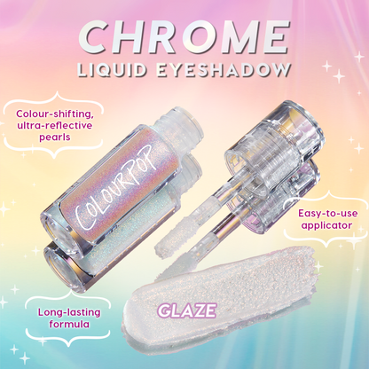 ColourPop Chrome Liquid Shadow Glaze swatched as a pearly, color-shifting chrome streak, with an open clear tube and doe-foot applicator next to a holographic ColourPop bottle; pastel backdrop calls out long-lasting wear and easy application.
