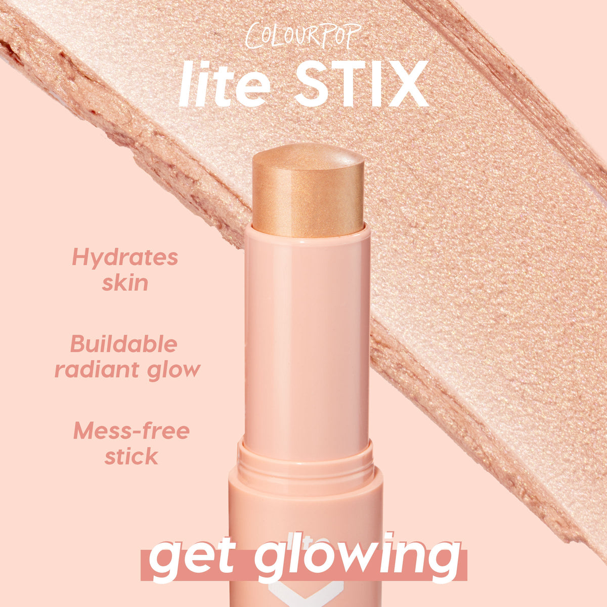 ColourPop Lite Stix Glazey highlighter stands uncapped, a twist-up champagne shimmer in a peach tube, set on a pink backdrop with a sweeping luminous swatch and callouts for hydrating, buildable, mess-free glow.