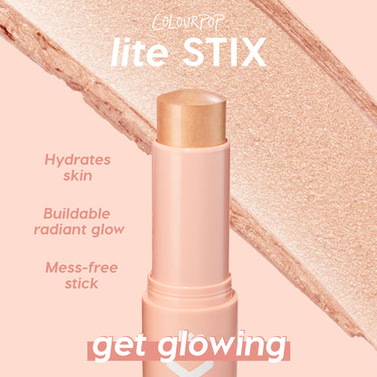 ColourPop Lite Stix Glazey highlighter stands uncapped, a twist-up champagne shimmer in a peach tube, set on a pink backdrop with a sweeping luminous swatch and callouts for hydrating, buildable, mess-free glow.