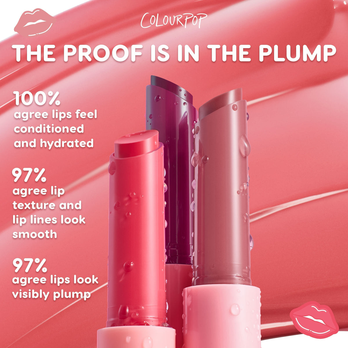 ColourPop So Juicy Plumping Gloss Balm with Peptides, So Balm, shown in three dew-kissed sticks - pink, plum, and nude - standing upright on a glossy pink swatch with callouts claiming 100% hydration and 97% smoother, visibly plumper lips.