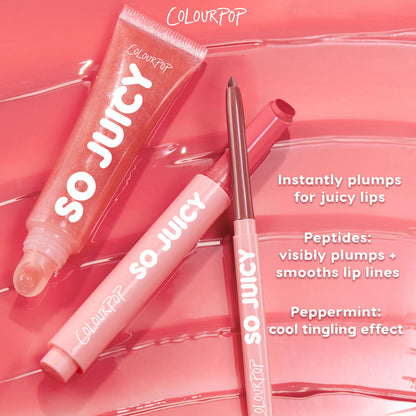 ColourPop So Juicy Plumping Lip Liner with Peptides in Slay sits uncapped beside a matching So Juicy gloss on a glossy pink swirled background, emphasizing peptide-powered plumping and a peppermint tingle for smoother, juicy lips.