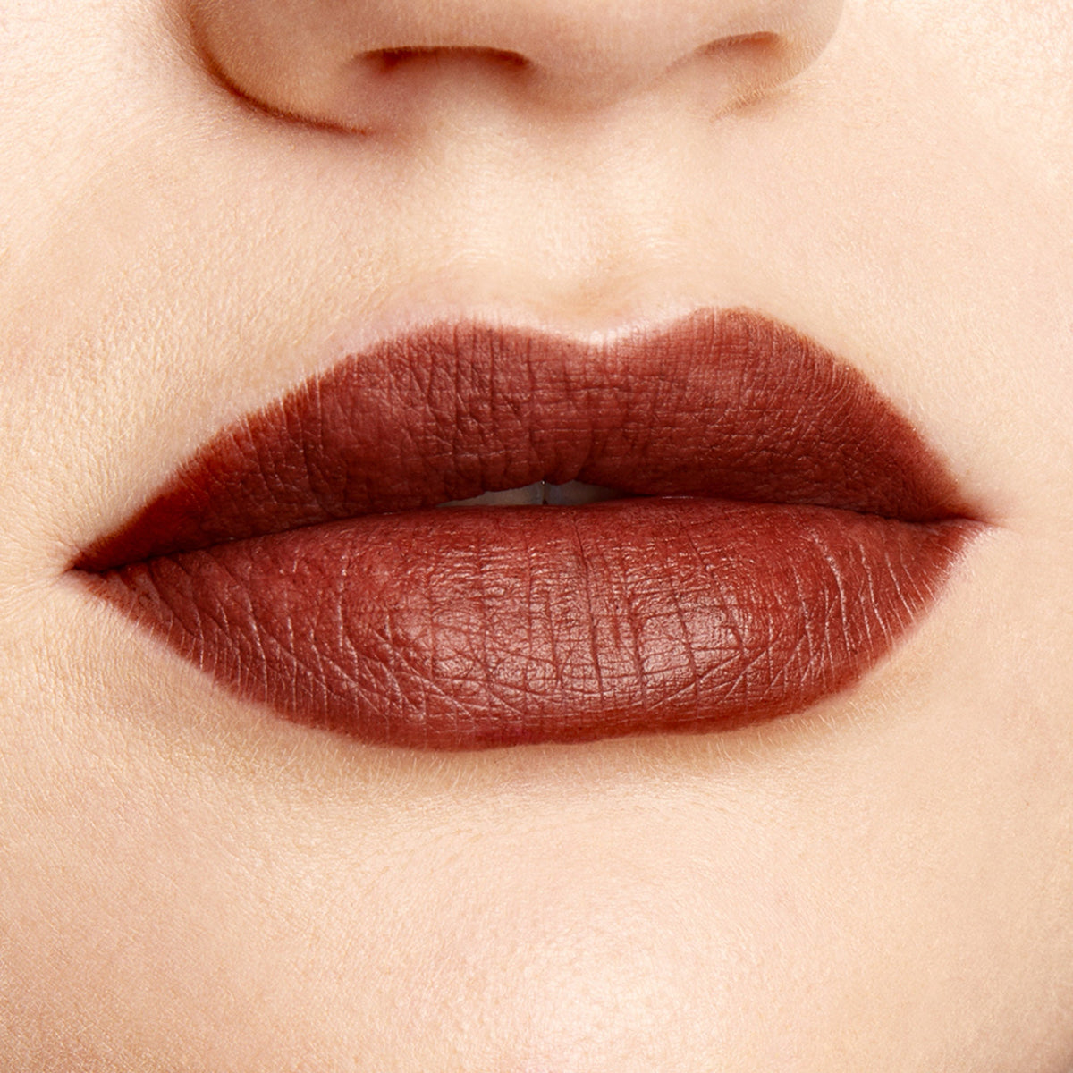 Lips wearing CTRL ColourPop Lippie Pencil, lined and fully filled in a warm reddish-brown matte shade with crisp edges, close-up beauty swatch showing smooth, pigmented payoff.