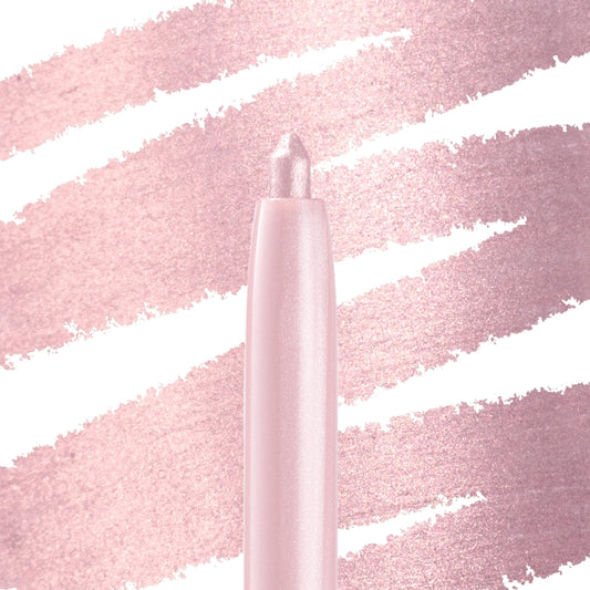 Calabasas ColourPop Crème Gel Liner pencil shows a shimmering pale pink tip, set over broad metallic rose swatches, highlighting the creamy, long‑wear eyeliner for precise lines on lids and waterline.