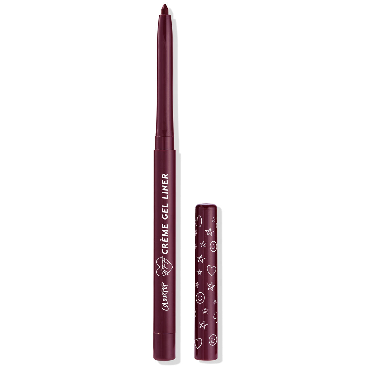 Charmer ColourPop Crème Gel Liner standing with cap off, revealing a twist-up deep burgundy tip; maroon tube reads 'Crème Gel Liner' and matching cap printed with white hearts, stars, and smiley icons on a white background.