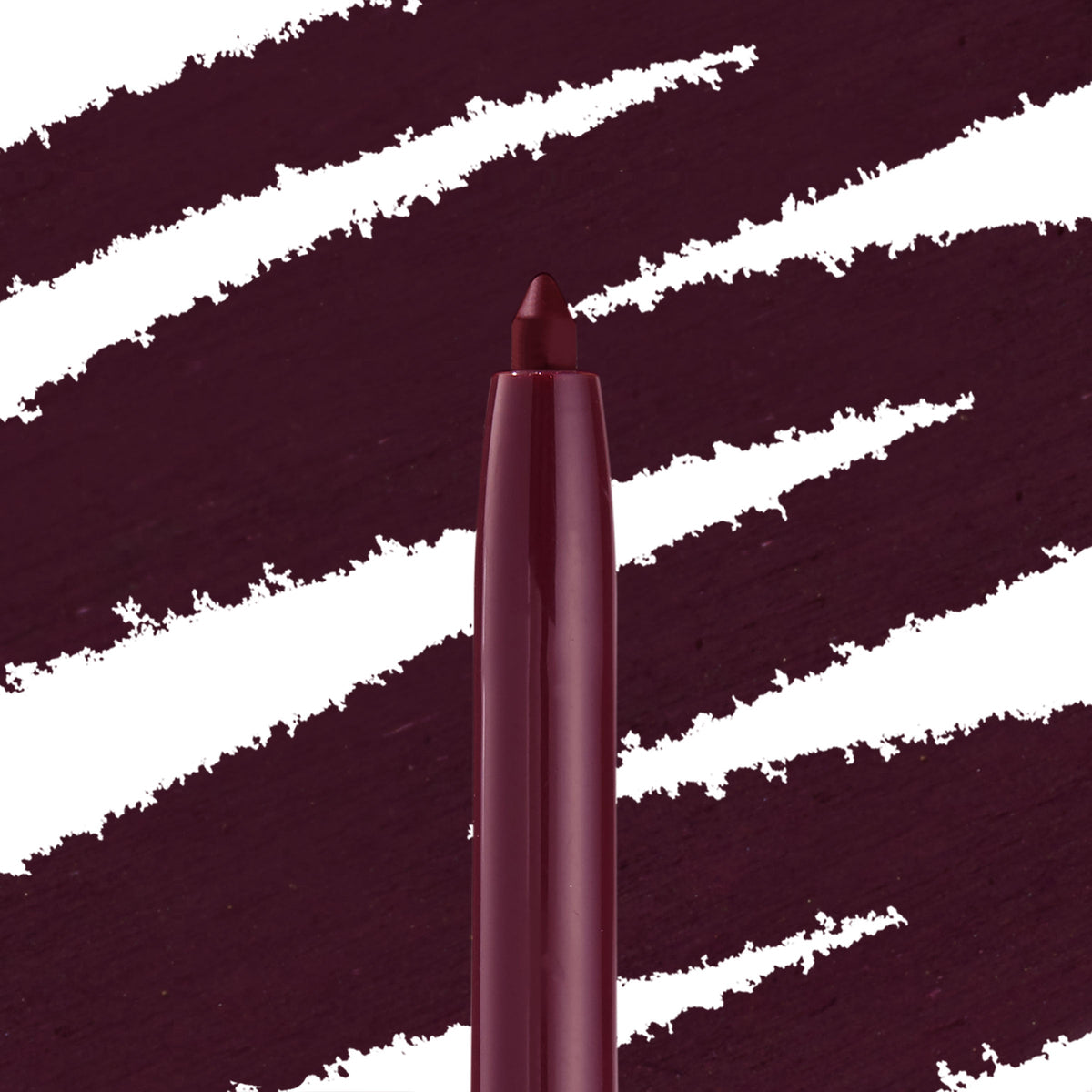 ColourPop Crème Gel Liner in Charmer shows a retractable, creamy tip in deep burgundy with a glossy plum barrel, gliding against bold wine swatches to showcase rich, long-wear eyeliner color and precise application.