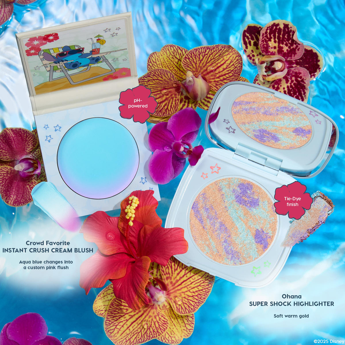 Crowd Favorite Instant Crush Cream Blush compact opens to reveal an aqua-blue, pH-powered formula that shifts to a custom pink flush, styled poolside with orchids and a Stitch beach motif, beside the ColourPop Super Shock Highlighter.
