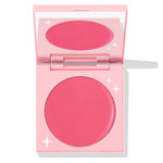 Cherry Blossom ColourPop Cream Blush compact opens to reveal a rich rosy pink round pan, set in a pastel pink case with mirror and small star details, photographed on a white background.