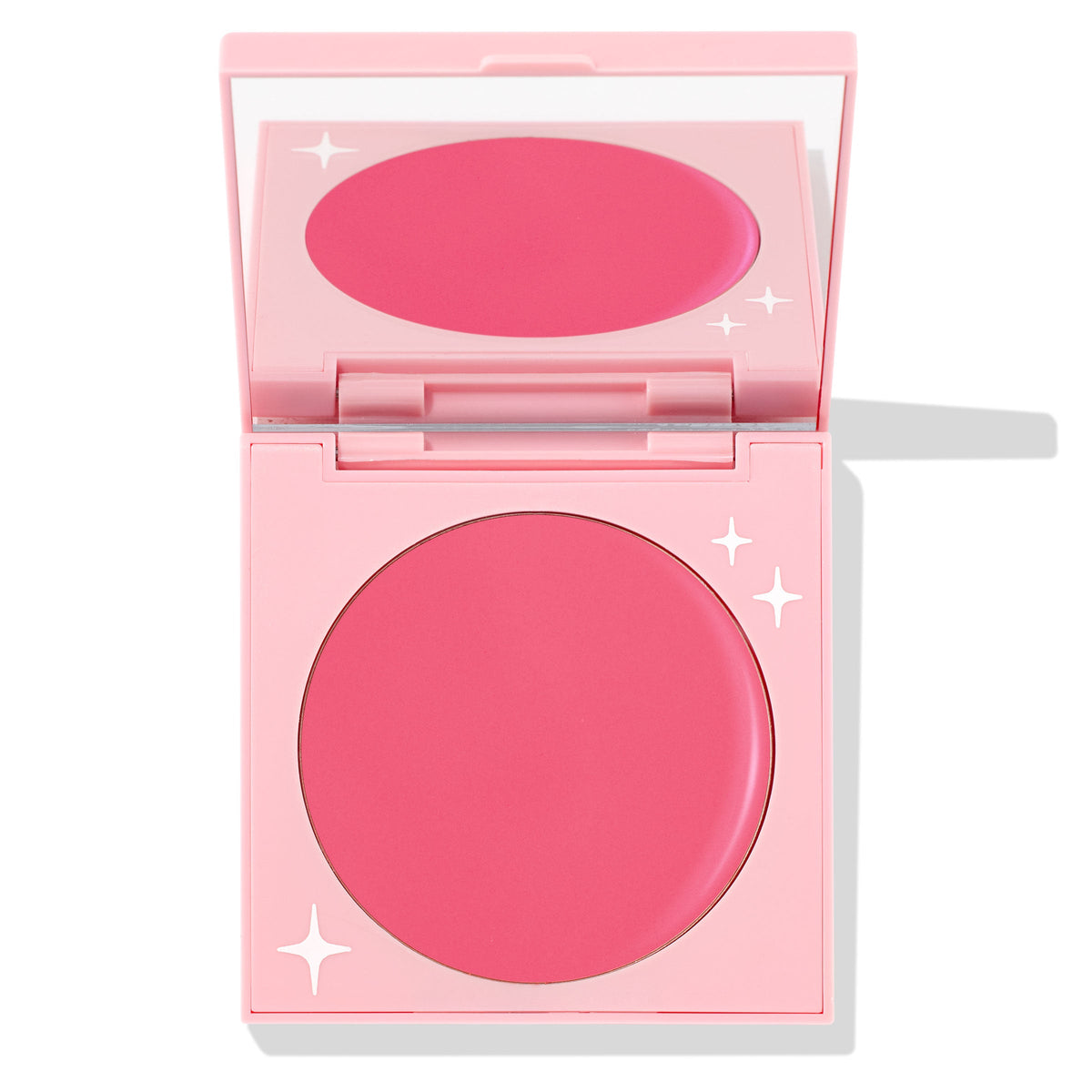 Cherry Blossom ColourPop Cream Blush compact opens to reveal a rich rosy pink round pan, set in a pastel pink case with mirror and small star details, photographed on a white background.