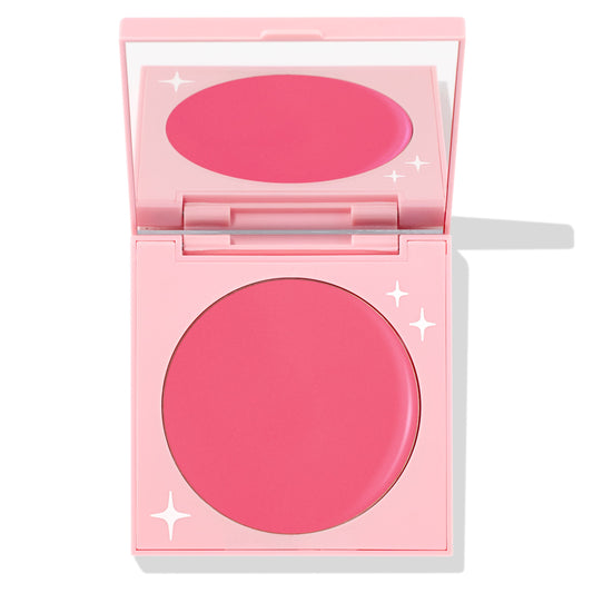 Cherry Blossom ColourPop Cream Blush compact opens to reveal a rich rosy pink round pan, set in a pastel pink case with mirror and small star details, photographed on a white background.
