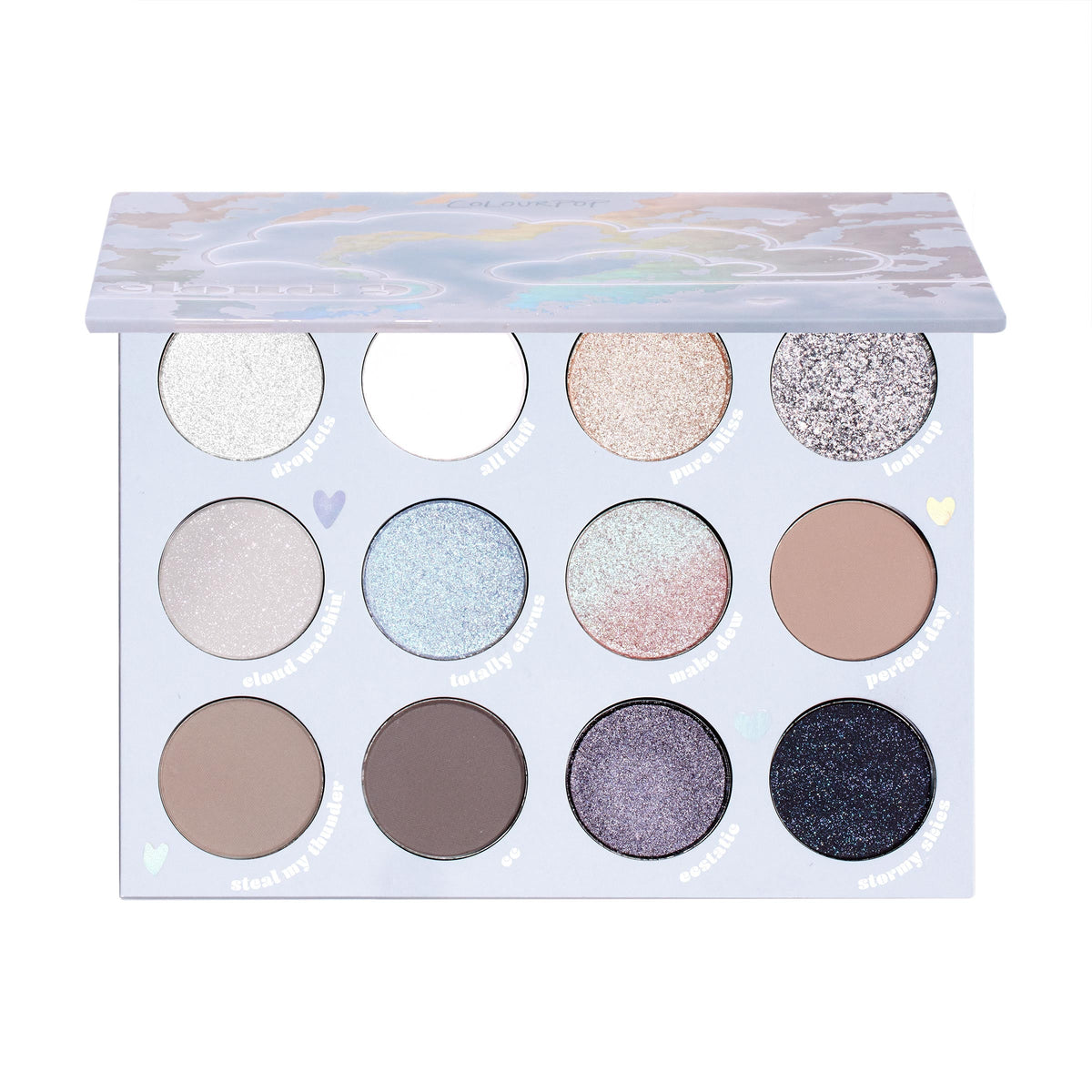 Cloud 9 ColourPop Shadow Palette opened with lid half-closed, revealing 12 cool-toned shades - silvers, taupes, icy blues, lilac, champagne, and deep navy - in matte, shimmer, and glitter finishes inside a pastel cloud-themed case.
