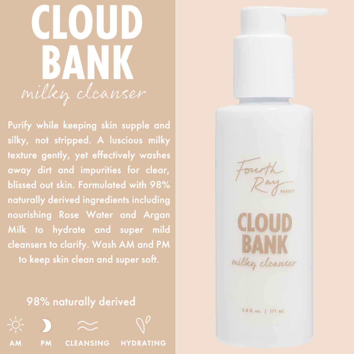 White pump bottle of Fourth Ray Beauty Cloud Bank Milky Cleanser stands against a beige backdrop, highlighting a hydrating ColourPop Face Cleanser with AM/PM use, 98% naturally derived ingredients like rose water and argan milk, 5.8 fl oz.