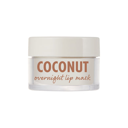 Clear jar of Coconut ColourPop Lip Mask with off-white cap, the label reading 'COCONUT overnight lip mask,' shown closed and upright, offering hydrating overnight treatment; minimal packaging isolated on a white background.