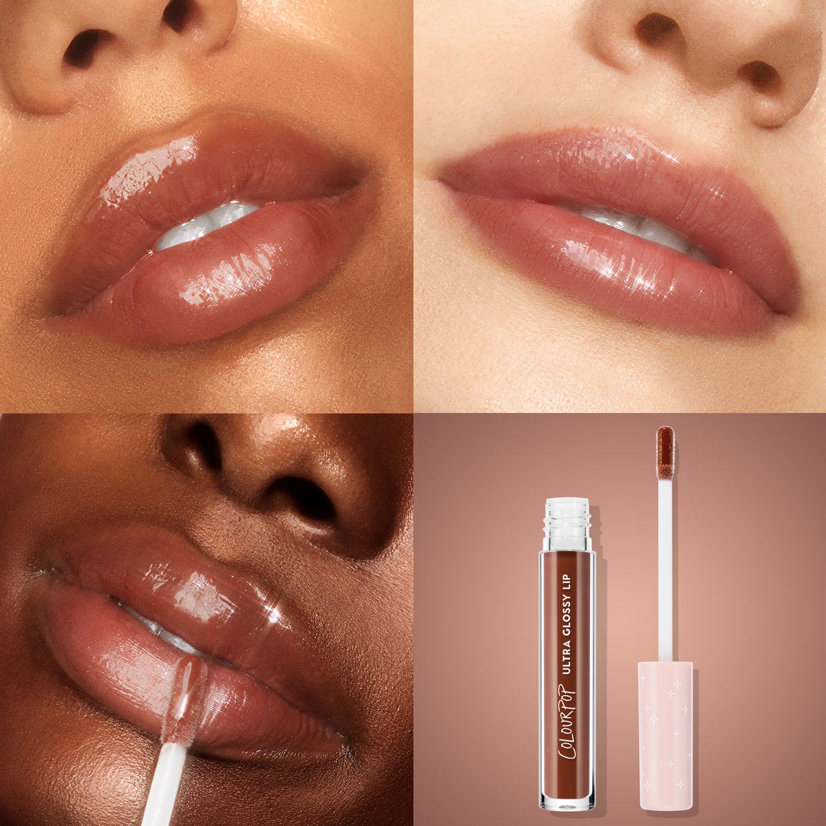 ColourPop Ultra Glossy Lip in Coffee Break coats lips with high-shine, warm brown nude gloss; applicator glides on in close-up swatches across multiple skin tones, with product tube and doe-foot wand shown on a soft brown backdrop.