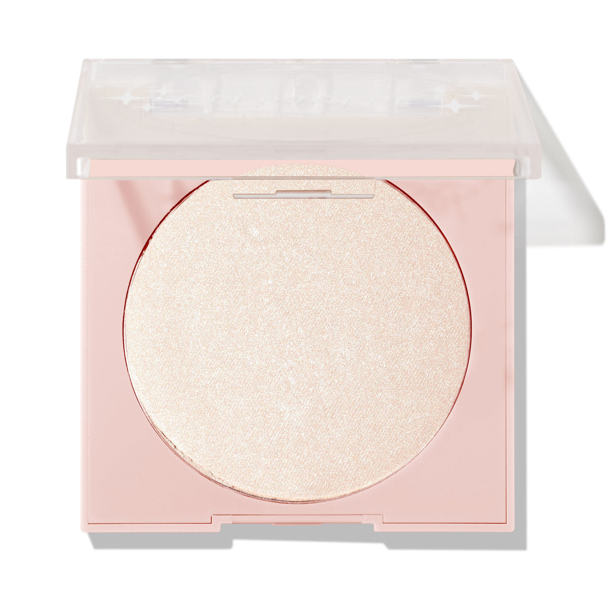 Cold One ColourPop Pressed Powder Highlighter in a soft pink square compact with a clear lid half open, displaying a large single pan of icy champagne shimmer on a clean white studio background.