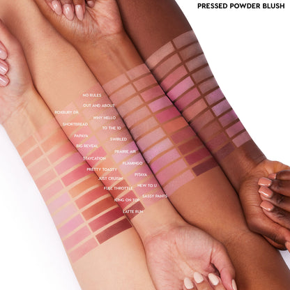 ColourPop Pressed Powder Blush No Rules swatched in a neat grid on three arms with light, medium, and deep skin tones, showing its soft rosy‑mauve pigment alongside other blush shades for easy shade matching.