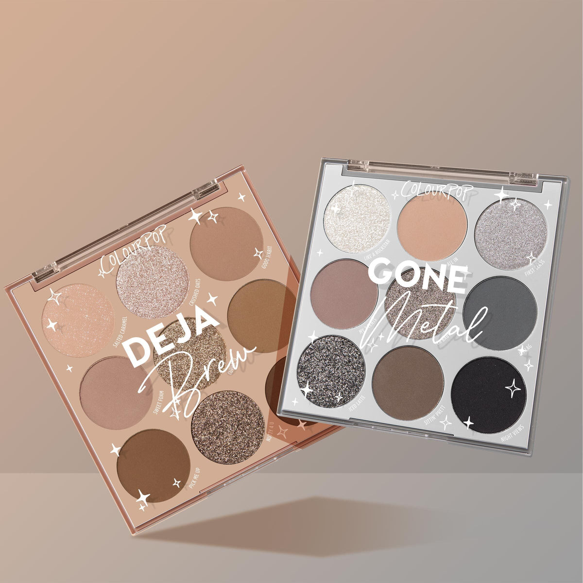 Brewtiful Neutrals ColourPop Shadow Palette Set showing two open 9-pan palettes - Deja Brew and Gone Metal - featuring warm browns, taupes, silvery metallics, and black in matte, shimmer, and glitter finishes, angled on a soft beige gradient backdrop.