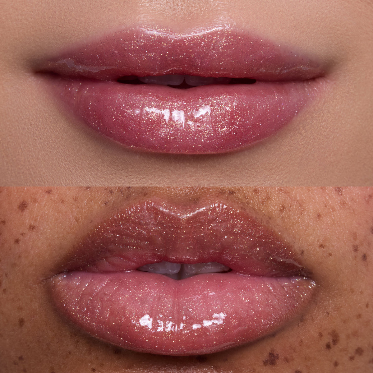 Close-up of two models’ lips wearing Beautiful Belle Belle Lip Mask & Ultra Glossy Lip, showing a high-shine, pink shimmer Disney Princess gloss finish on different skin tones against a clean studio backdrop.