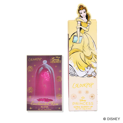 ColourPop Beautiful Belle lip mask and Ultra Glossy Lip set featuring Disney Princess Belle artwork, with Enchanted Rose lip mask box and tall gloss packaging side by side against a clean white background.