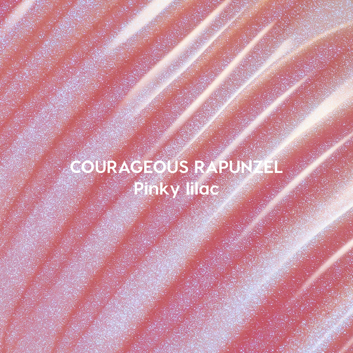Courageous Rapunzel Ultra Glossy Lip swatch showing shimmery pinky lilac Disney Princess lip gloss with high-shine, iridescent glitter streaks spread in smooth, reflective waves on a close-up background.