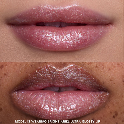 Two close-up shots of models’ lips wearing Princess Pout full collection set, showcasing sheer pink, ultra glossy Disney Princess lip gloss with fine shimmer on different skin tones against a neutral background.