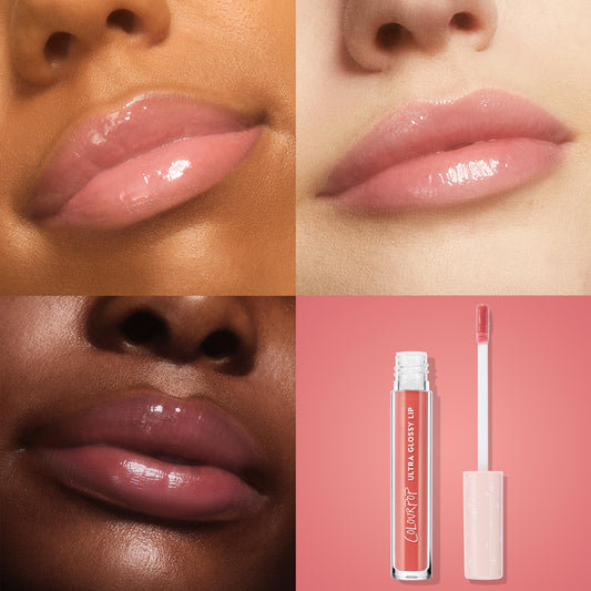 Ditto Ultra Glossy Lip adding high-shine warm pink-nude color on three sets of lips across light, medium, and deep skin tones, with a fourth panel showing the ColourPop Ultra Glossy Lip tube and doe-foot applicator on a coral backdrop.