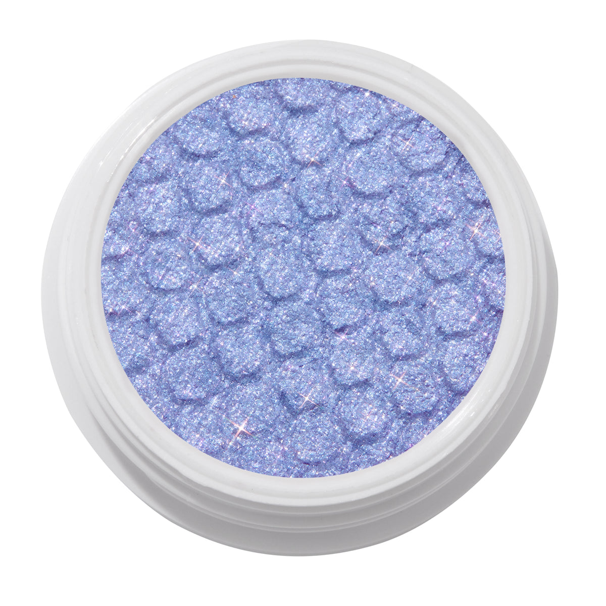 Dream Much shimmering lavender ColourPop Super Shock Shadow, a glittery lilac eyeshadow with bouncy dimpled texture, shown in a white round pot on a clean white background.