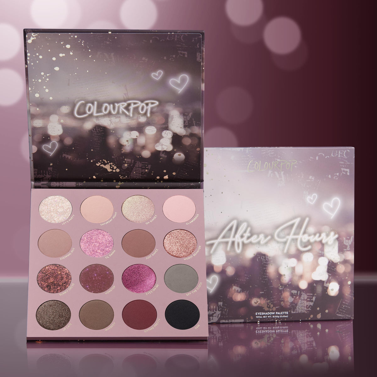 ColourPop Shadow Palette After Hours opens to show 16 rosy neutrals, pinks, mauves, and smoky shades in matte and shimmer finishes, with a bokeh heart-print lid and matching After Hours box beside it on a blush backdrop.